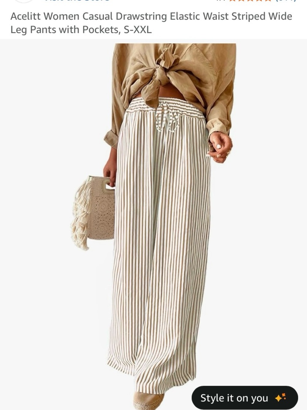 Amazon Beige and White Striped Wide-Leg Drawstring Pants